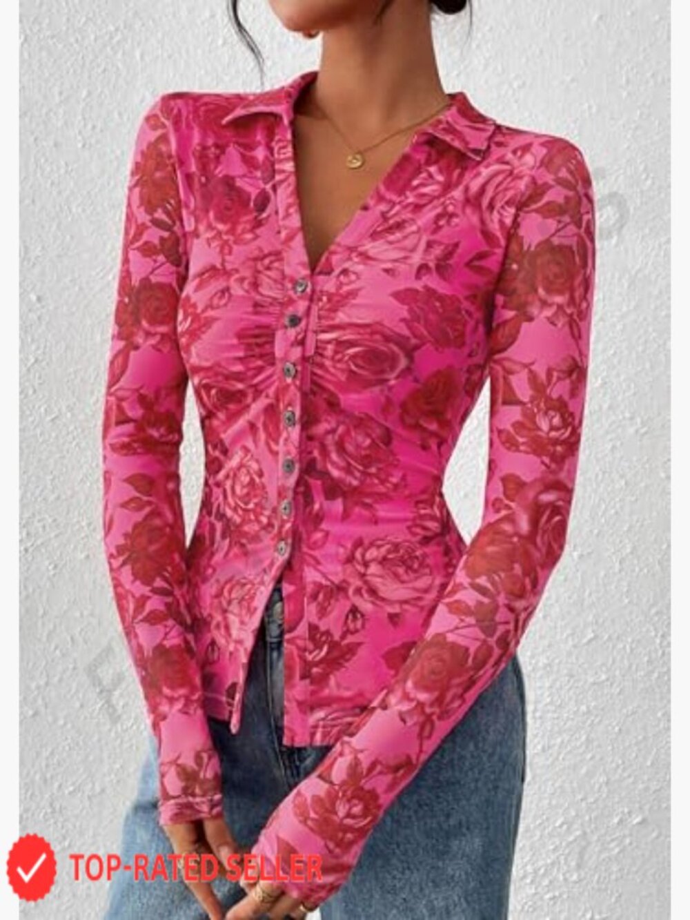 Floral Button Down Blouse V Neck Long Sleeve Sheer Mesh Boho Top Date Night - Picture 4 of 7